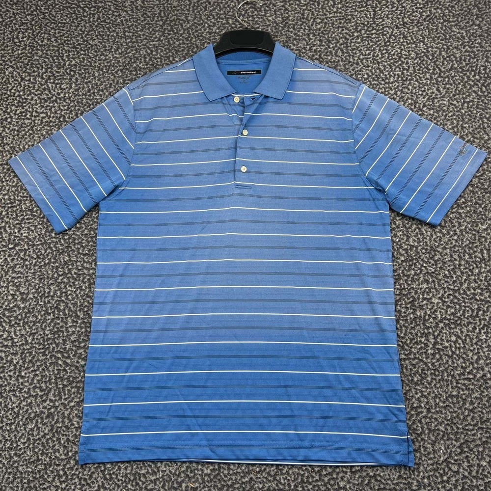 Greg Norman Play Dry Golf Polo Shirt Men Medium Blue Striped Short Sleeve M